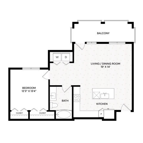 Floor plan for 1 bed, 1 bath, 818 sqft